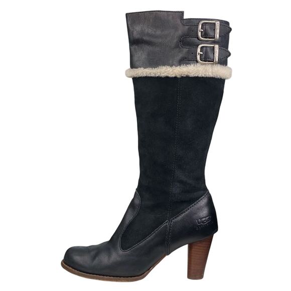 UGG Women’s Raya Black Suede Sheepskin Trimmed Riding Boot Size US 7.5 - Picture 2 of 14